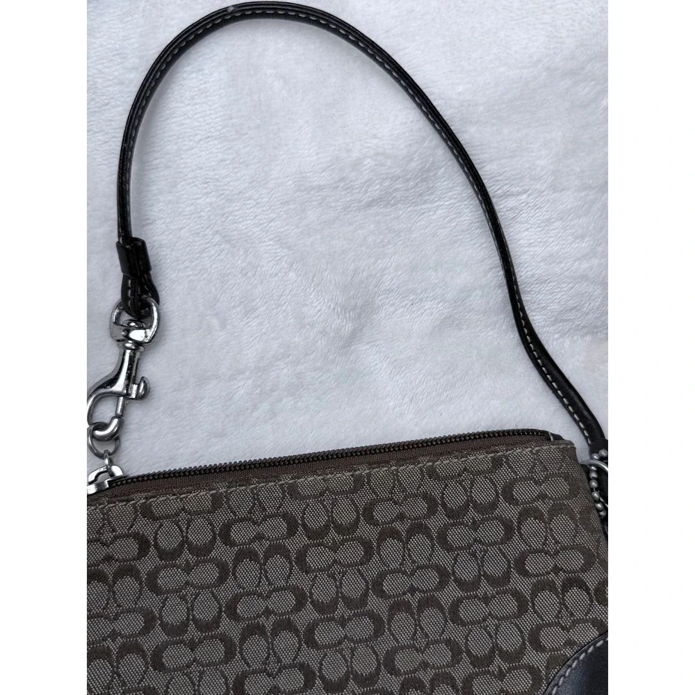 Coach Women Signature Monogram Wristlet Small Brown Black Leather Trim Pouch Bag